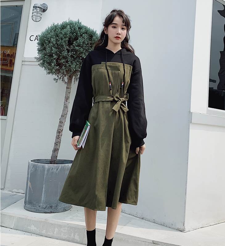 乐天商城 - ワンピース ロングスカート ロング丈 ミドル丈 袖あり 長袖 Aライン ウエストリボン ハイウエスト フード付き かわいい 大人可愛い カジュアル おしゃれ お洒落 メンズライク ガーリー 無地 春 秋 1代 2代 レディース デート お出かけ ファッション サ 韓国 オルチャン