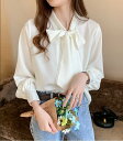 トップス シャツ 白シャツ 白トップス 袖あり 長袖 リボンタイ ストレート シフォン リボン かわいい 大人可愛い きれいめ シンプル 上品 おしゃれ お洒落...