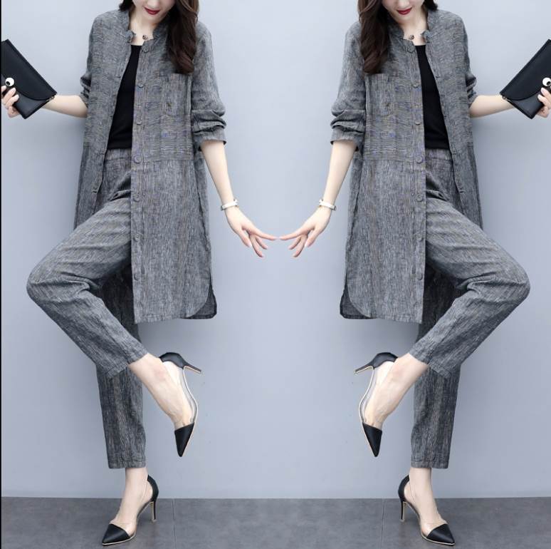 トップス ボトムス 上着 ストレートパンツ 2点セット ロング ロング丈 袖あり 長袖 襟なし タイト ストレート 前開き ウエストゴム きれいめ シンプル カジュアル 大人 上品 おしゃれ お洒落 かっこいい 大人女子 こなれ感 ラフ 個性的 クール モ 韓国 オルチャン