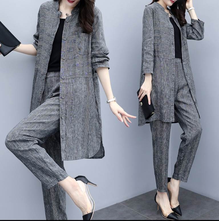 トップス ボトムス 上着 ストレートパンツ 2点セット ロング ロング丈 袖あり 長袖 襟なし タイト ストレート 前開き ウエストゴム きれいめ シンプル カジュアル 大人 上品 おしゃれ お洒落 かっこいい 大人女子 こなれ感 ラフ 個性的 クール モ 韓国 オルチャン