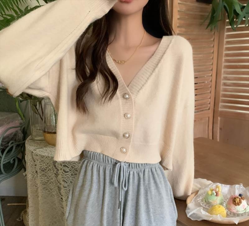 トップス ニットソー カーディガン ショート ショート丈 袖あり 長袖 ドロップショルダー 萌袖 Vネック 襟なし ストレート ハイウエスト 前開き 伸縮性 厚手 かわいい 大人可愛い きれいめ シンプル カジュアル 大人 上品 おしゃれ お洒落 大人可愛 韓国 オルチャン