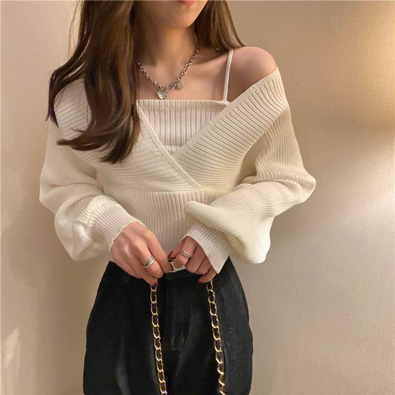 Square Neck - 重ね着風 長袖 リブニットセーター トップス セーター ショート ショート丈 袖あり 長袖 スクエアネック 襟なし スリム 細身 ドッキング リブ リブニット 伸縮性 ニット かわいい 大人可愛い きれいめ シンプル カジュアル 大人 おしゃれ お洒落 韓国 オルチャン