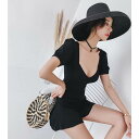ワンピース 水着 レディース スイムウェア バッククロス パンツ 袖有り 半袖 パフスリーブ リボン フリル かわいい 大人女子 きれいめ シンプル カジュアル おしゃれ エレガント 無地 夏 海 ビーチ プール スタイルアップ 美スタイル ブラック リゾート 韓国 オルチャン