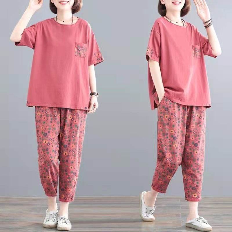 大きいサイズ セットアップ ルームウェア パジャマ Tシャツ 9分丈 パンツ 2点セット 上下セット トップス ボトムス ズボン 部屋着 寝巻き アンクル丈 袖あり 半袖 ドロップショルダー ラウンドネック ウエストゴム 伸縮性 ツーピース 大人可愛い 韓国 オルチャン