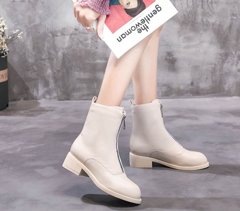 ブーツ レディース ショート丈 ヒール 5cm 3cm 太ヒール ラウンドトゥ フロントジップ 痛くない 歩きやすい 履きやすい 暖かい 美脚 脚長 個性的 35 36 37 38 39 40 ベージュ かわいい 大人可愛い きれいめ シンプル カジュアル 韓国 オルチャン ブーツ 無地 秋 冬