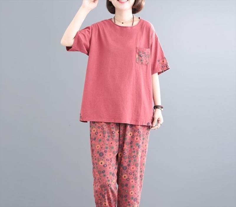 乐天商城 - レディース セットアップ トップス パンツ Tシャツ 7分丈 半袖 ラウンドネック ドロップショルダー ストレート スリット ポケット ウエストゴム ツーピース 個性的 大きいサイズ L XL 2XL 3XL 4XL 5XL かわいい 大人可愛い 韓国 オルチャン セットアップ 花柄 夏