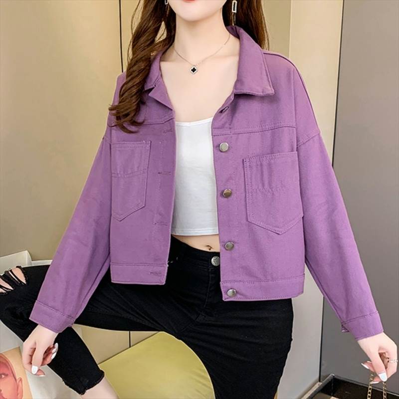 乐天商城 - ジャケット デニム レディース ショート丈 長袖 襟付き ポケット シングルブレスト ポケット 個性的 S M L XL 2XL 紫 クラレット かわいい 大人可愛い きれいめ シンプル カジュアル 大 人 上品 おしゃれ 韓国 オルチャン ジャケット 無地 春 秋 デート 通勤 通学