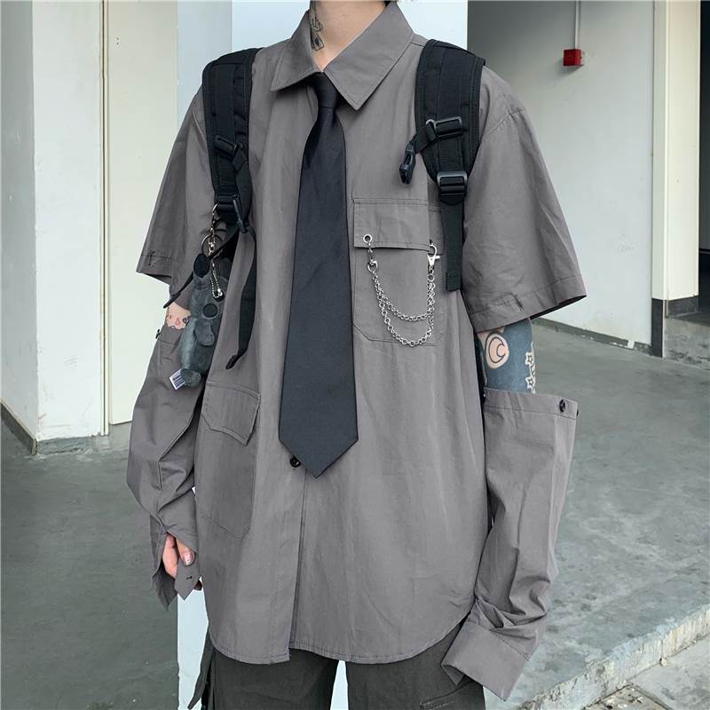 Short Sleeves - トップス シャツ ミディアム丈 長袖 半袖 2way 襟付き ドロップショルダー オーバーサイズ ワイド ネクタイ チェーン 個性的 S M L XL 2XL グレー 黒 大人可愛い シンプル カジュアル 大人 おしゃれ ラフ メンズライク ボーイッシュ 韓国 シャツ 無地 春 夏 秋 通学
