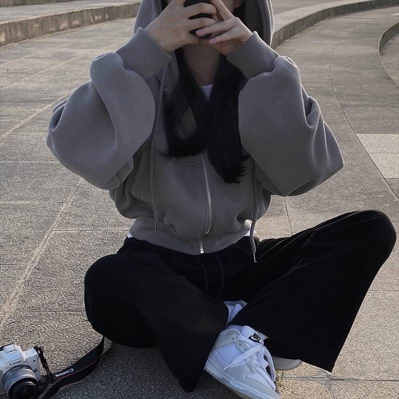 レディース トップス パーカー フーディー ショート丈 ボリューム袖 フード ファスナー オーバーサイズ ワイド 個性的 M グレー アイボ..