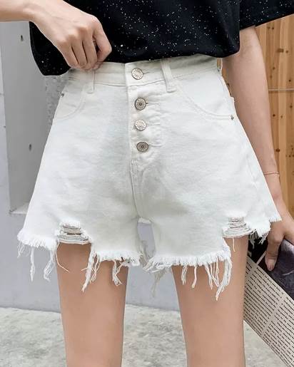 Short Pants - レディース ボトムス パンツ ショート丈 ダメージ加工 ハイウエスト 切りっぱなし デニム Aライン フレア 個性的 S M L XL 黒 白 かわいい 大人可愛い きれいめ シンプル カジュアル 大人 上品 おしゃれ かっこいい ガーリー 韓国 オルチャン パンツ 無地 夏 デート