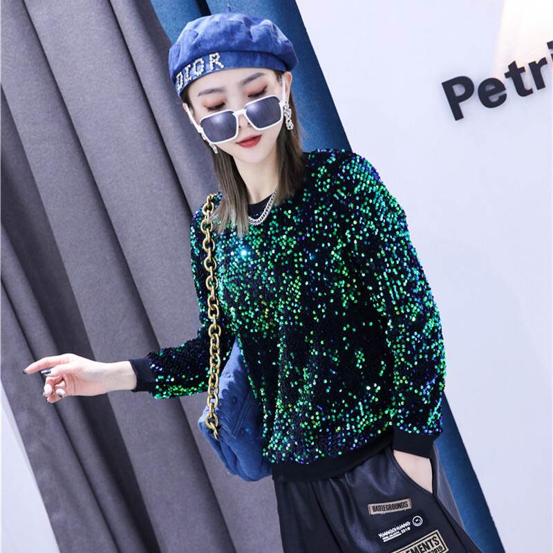 Other - トップス カットソー 袖あり 長袖 Uネック スパンコール かわいい 大人可愛い シンプル 大人 おしゃれ お洒落 かっこいい レトロ 大人女子 こなれ感 ルーズ 個性的 クール モード系 セクシー エレガント 主役級 存在感 シック 派手 華やか 無 韓国 オルチャン