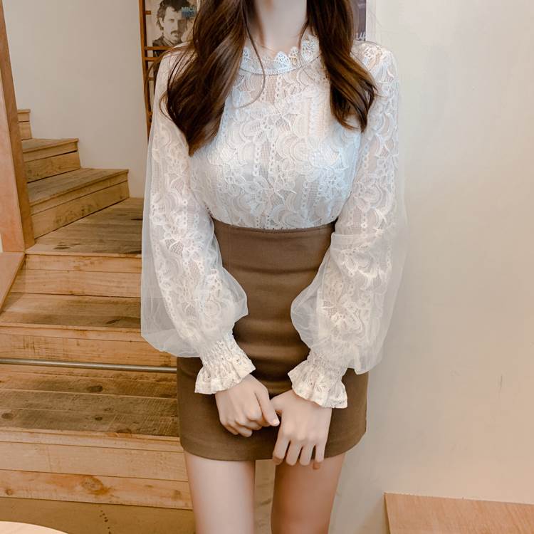 Long-Sleeved - トップス 長袖 レディース ホワイト アプリコット 大きいサイズ XL 2XL 花柄 レース フリル 透け感 きれいめ かわいい シンプル カジュアル おしゃれ 着痩せ 細見え 着回し 合わせやすい お家時間 休日 デート お出かけ 女子会 お泊まり パーティー イベ 韓国 オルチャン