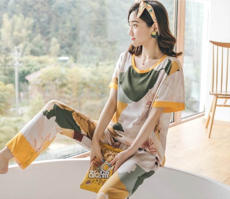 Cotton - パジャマ 袖あり 半袖 ラウンドネック 襟なし 綿 シルク コットン かわいい シンプル カジュアル 大人 おしゃれ お洒落 かっこいい 大人可愛い 大人女子 こなれ感 ラフ ラブリー キュート ガーリー ルーズ 主役級 存在感 抜け感 オールマッチ ニッ 韓国 オルチャン