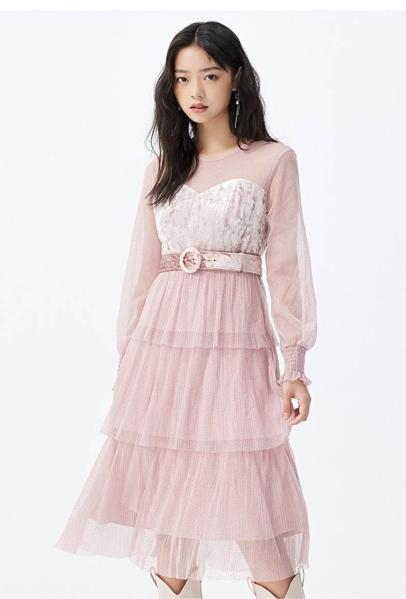 ドレス ロング ロング丈 袖あり 長袖 ラウンドネック ポリエステル繊維 メッシュ きれいめ シンプル 大人 おしゃれ お洒落 かっこいい こなれ感 ラフ 主役級 存在感 オールマッチ 爽やか 清涼感 無地 春 秋 クリスマス ランチ ディナー カフェ 図書 韓国 オルチャン