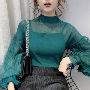 乐天商城 - ブラウス 長袖 レディース 黒 白 アプリコット カットソー ボリューム 袖 ハイネック 大人 可愛い セクシー 透け感 きれいめ シンプル おしゃれ 着痩せ 細見え 着回し 合わせやすい 休日 デート お出かけ お呼ばれ 女子会 パーティー イベント OL 学生 大 韓国 オルチャン