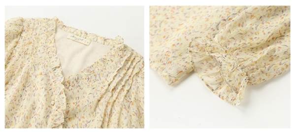 シフォントップス レディース 秋 シャツ 長袖 おしゃれ ボリューム袖 ゆったり ブラウス 襟付き きれいめ Vネック 切り替え デザイン フリル 前開き 透け感 ボタン かわいい 大人 シンプル カジュアル 清楚 小花柄 春 夏 ママ 個性的 お出かけ 女子会 休 韓国 オルチャン