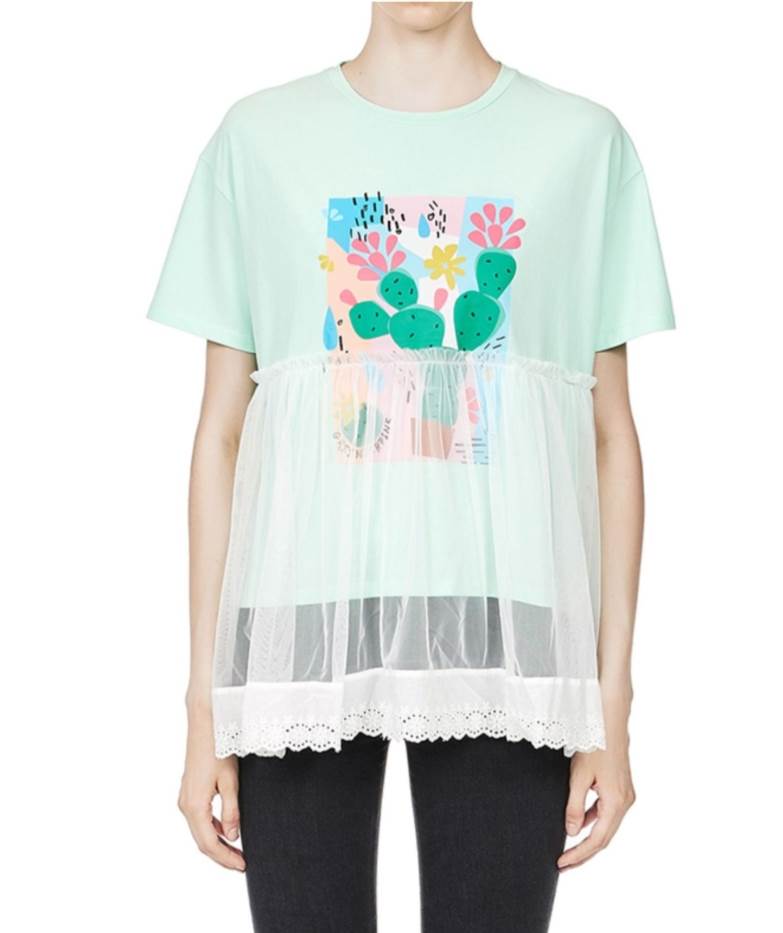 小さいサイズ サボテン柄 重ね着風 レース Tシャツ トップス カットソー プルオーバー ミディアム丈 袖あり 半袖 襟なし ドッキング レース チュール ハイウエスト 透け感 シースルー かわいい 大人可愛い カジュアル 大人 おしゃれ 個性的 韓国 オルチャン 送料無料