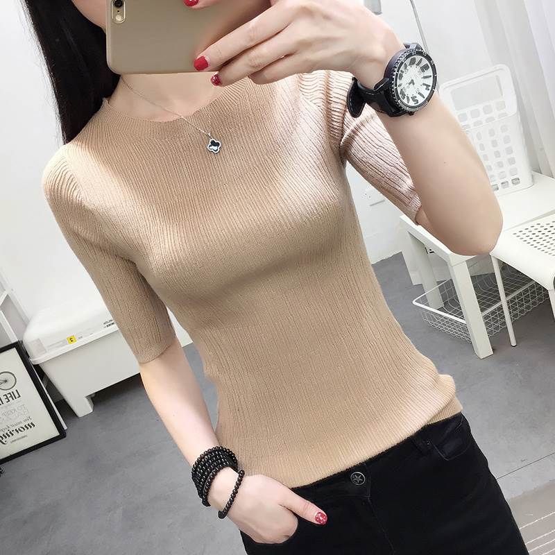 5分袖 ラウンドネック リブ ニットセーター リブニット トップス ニットソー セーター ミディアム丈 袖..