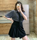 ネクタイ付 キュロット トップス スカート シャツ ショート ショート丈 袖あり 半袖 襟付き Aライン プリーツ ハイウエスト 前開き 薄手 上下セット 2点セット かわいい 大人可愛い きれいめ シンプル カジュアル 大人 上品 おしゃれ お洒落 韓国 オルチャン
