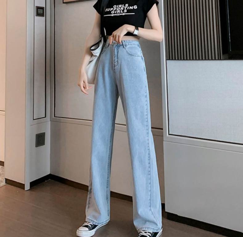 Straight Jeans - ボトムス パンツ ズボン ロング ロング丈 ストレート ポケット ハイウエスト デニム ブルーデニム 薄手 かわいい 大人可愛い シンプル カジュアル 大人 おしゃれ お洒落 かっこいい 大人可愛い 大人女子 こなれ感 ラフ メンズライク ルーズ 韓国 オルチャン