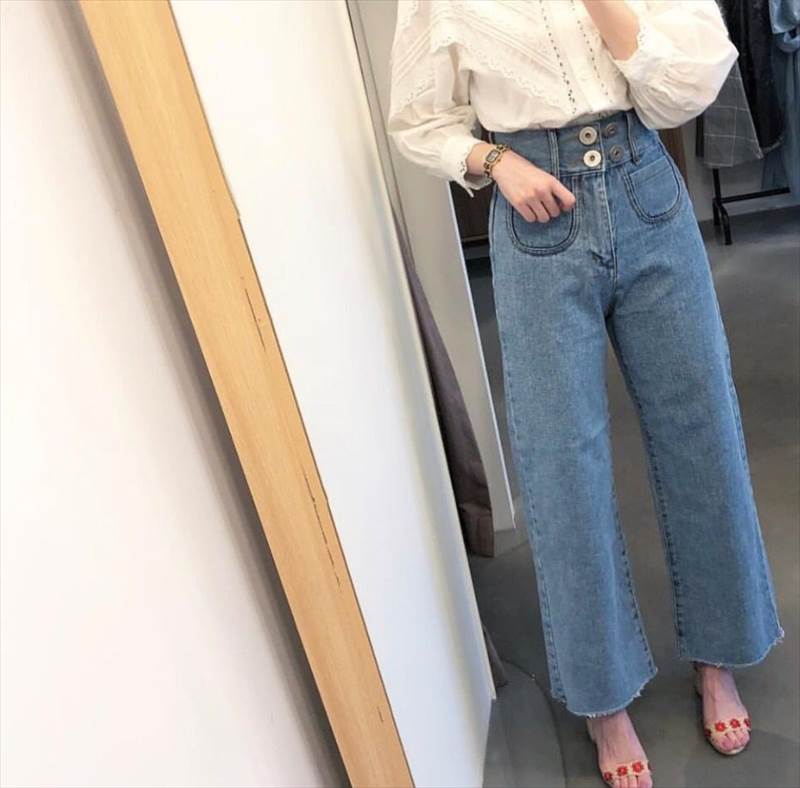 Straight Jeans - ボトムス パンツ Gパン ズボン デニムパンツ ロング ロング丈 ストレート ポケット ハイウエスト デニム ブルーデニム 薄手 かわいい 大人可愛い きれいめ シンプル カジュアル 大人 おしゃれ お洒落 かっこいい 大人可愛い 大人女子 こなれ感 韓国 オルチャン