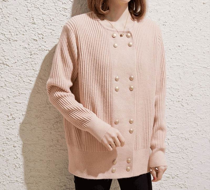 ボタン ゴールド トップス ニットソー カーディガン 袖あり 長袖 ラウンドネック 襟なし ストレート リブ 前開き リブニット 伸縮性 薄手 かわいい 大人可愛い きれいめ シンプル カジュアル 大人 おしゃれ お洒落 大人可愛い 大人女子 こなれ感 韓国 オルチャン