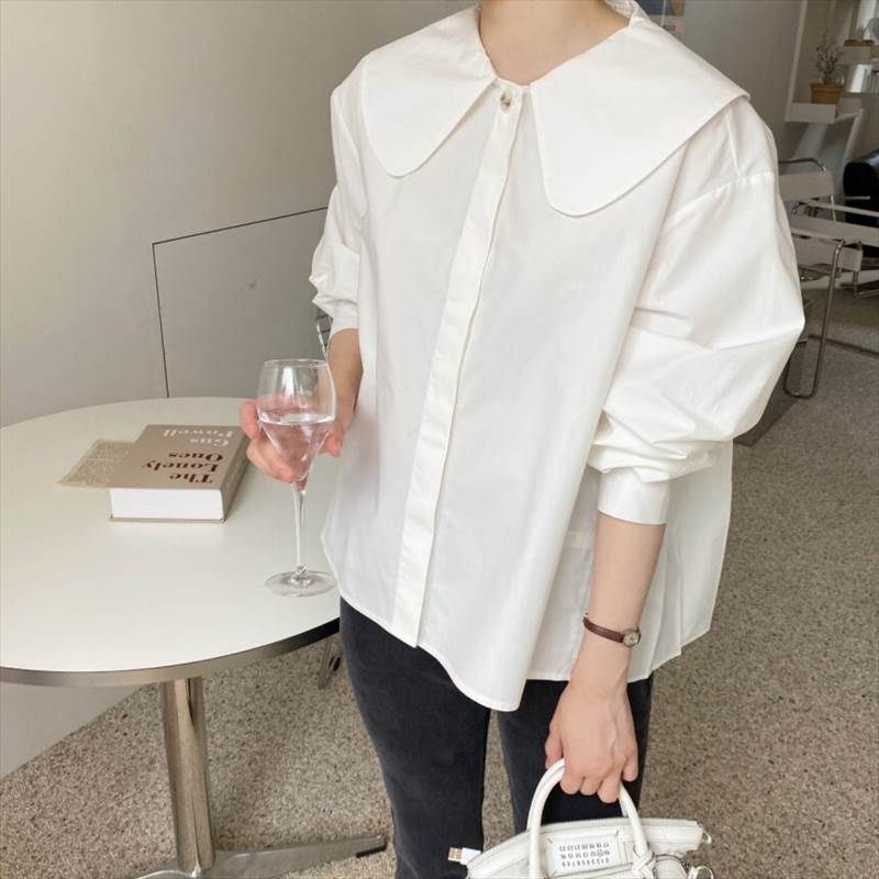Long-Sleeved - トップス シャツ ブラウス 袖あり 長袖 襟付き ビックカラー 丸襟 プリーツ バックシャン かわいい 大人可愛い シンプル カジュアル 大人 おしゃれ レトロ 大人女子 こなれ感 ラフ 都会的 ベーシック 抜け感 モテ 無地 個性的 トップス 春 秋 冬 韓国 オルチャン