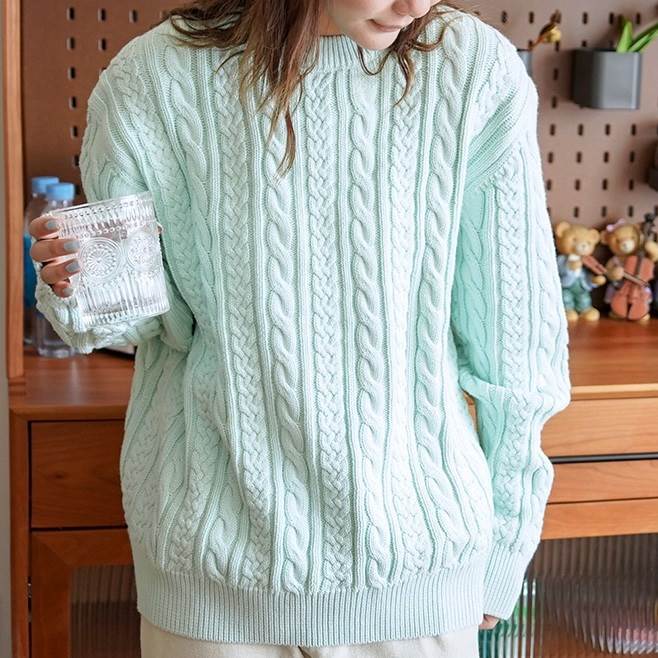 Crew Neck - トップス セーター 袖あり 長袖 ドロップショルダー クルーネック ケーブルニット ニット かわいい 大人可愛い シンプル カジュアル 大人 おしゃれ 都会的 レトロ 大人女子 こなれ感 ラフ マニッシュ ルーズ モダン 個性的トップス 抜け感 無地 韓国 オルチャン
