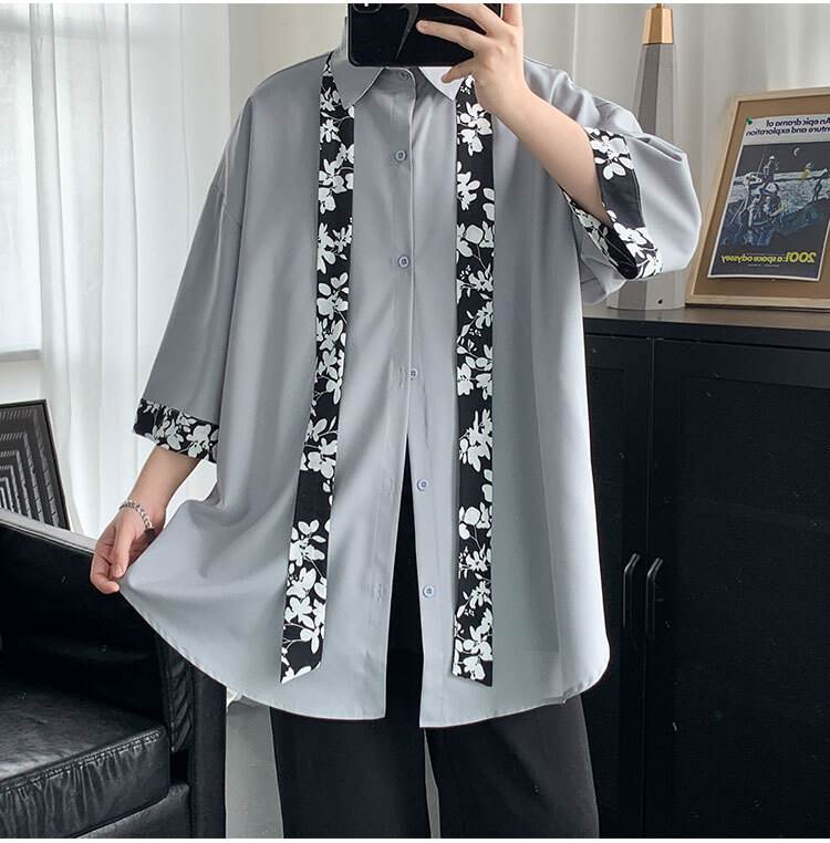 花柄 ネクタイ ルーズ シャツ トップス カラバリ ミディアム丈 袖あり 七分袖 ドロップショルダー 襟付き 前開き シンプル カジュアル 大人 おしゃれ かっこいい こなれ感 メンズライク マニッシュ ボーイッシュ ルーズ 無地 個性的 トップス 小花 韓国 オルチャン