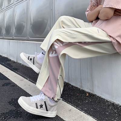 乐天商城 - 英字 ロゴ ライン 9分丈 パンツ ジャージ ボトムス ズボン ストレート ワイド ウエストゴム 伸縮性 シンプル カジュアル おしゃれ かっこいい こなれ感 ラフ メンズライク ボーイッシュ スポーティー ルーズ クール 個性的ボトムス 春 夏 秋 韓国 オルチャン