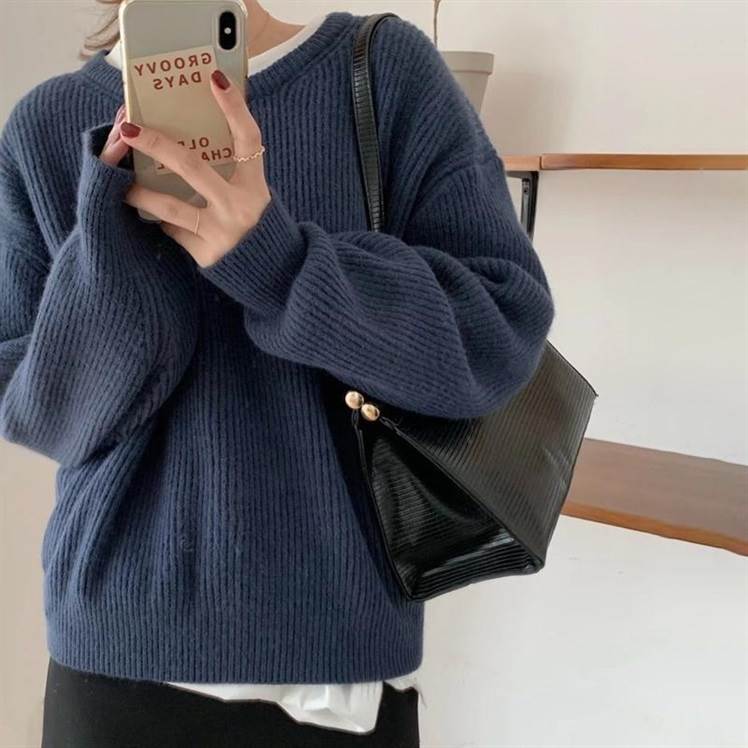 トップス ラウンドネック リブニット セーター レディース ニット プルオーバー 長袖 ドロップショルダー 襟なし かわいい 大人可愛い きれいめ シンプル カジュアル おしゃれ こなれ感 ルーズ 無地 春 秋 冬 通勤 個性的 トップス 学生 学校 通学 韓国 オルチャン