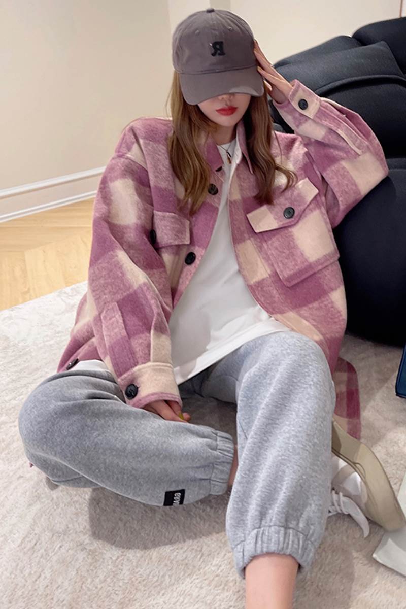 トップスチェック柄ウールオーバーシ...