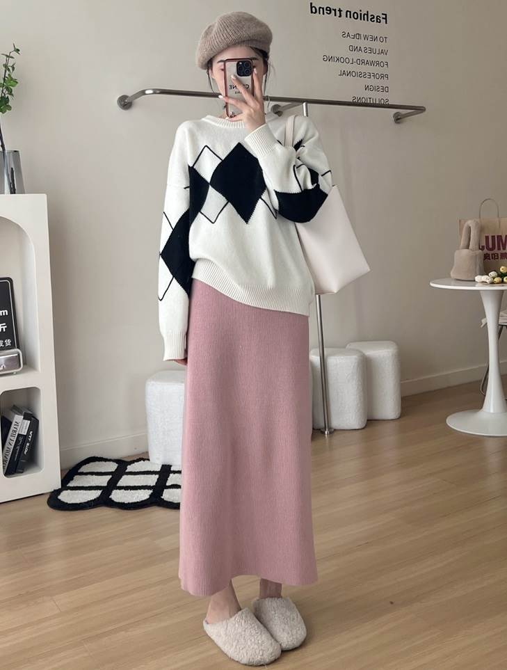 ボトムスウエストゴムリブニットスカ...