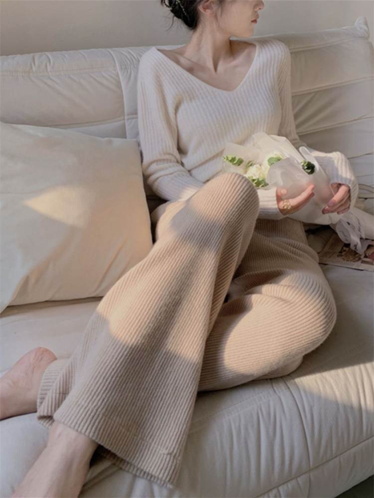 Other - ボトムス リブニット ワイドパンツ レディース パンツ ルームウェア 部屋着 ロングパンツ ロング ワイド ストレート ハイウエスト リブ ニット かわいい 大人可愛い きれいめ シンプル カジュアル ラフ ルーズ 抜け感 無地 個性的 ボトムス 春 秋 韓国 オルチャン