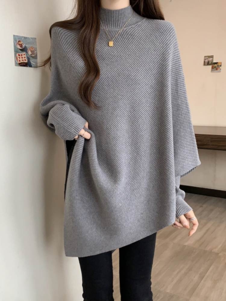 Turtleneck - トップス 半ハイネック アシメ リブニットセーター レディース ニット セーター プルオーバー 丈長 長袖 アシンメトリー リブニット かわいい 大人可愛い きれいめ シンプル カジュアル 上品 おしゃれ ルーズ 無地 春 個性的 トップス 学生 学校 韓国 オルチャン