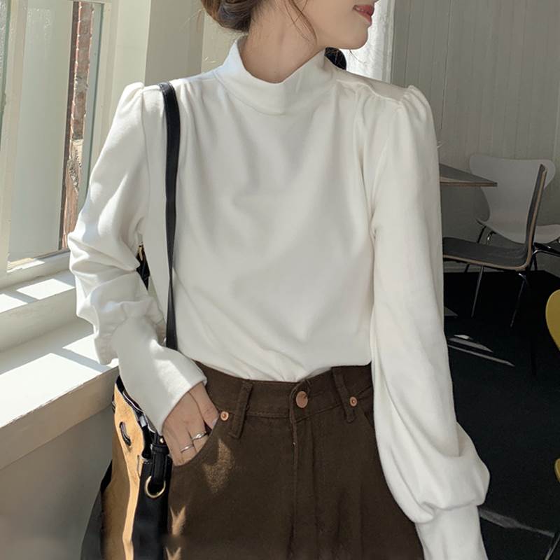 乐天商城 - トップス プルオーバー ロンT 長袖 スタンドカラー パフスリーブ 伸縮性 S M L XL 黒 白 かわいい 大人可愛い きれいめ シンプル カジュアル 上品 お洒落 無地 春 秋 冬 ママ 通勤 通学 お出かけ 旅行 公園 女子会 個性的 トップス 韓国 オルチャン レディース