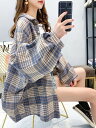オーバーサイズ チェック柄 シャツ レディース トップス 羽織 丈長 長袖 ドロップショルダー 襟付き 角襟 ポロカラー ストリート ポケット 前開き ボタン ...