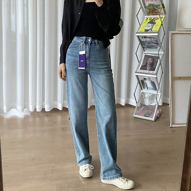 Rakuten - パンツ ウォッシュ加工 ストレッチデニム ジーンズ レディース ボトムス Gパン ストレートパンツ デニムパンツ ロング丈 ストレート 5ポケット ファスナー ハイウエスト 色落ち感 ブルーデニム ストレッチ 伸縮性 かわいい 送料無料 個性的 パンツ きれいめ 韓国 オルチャン
