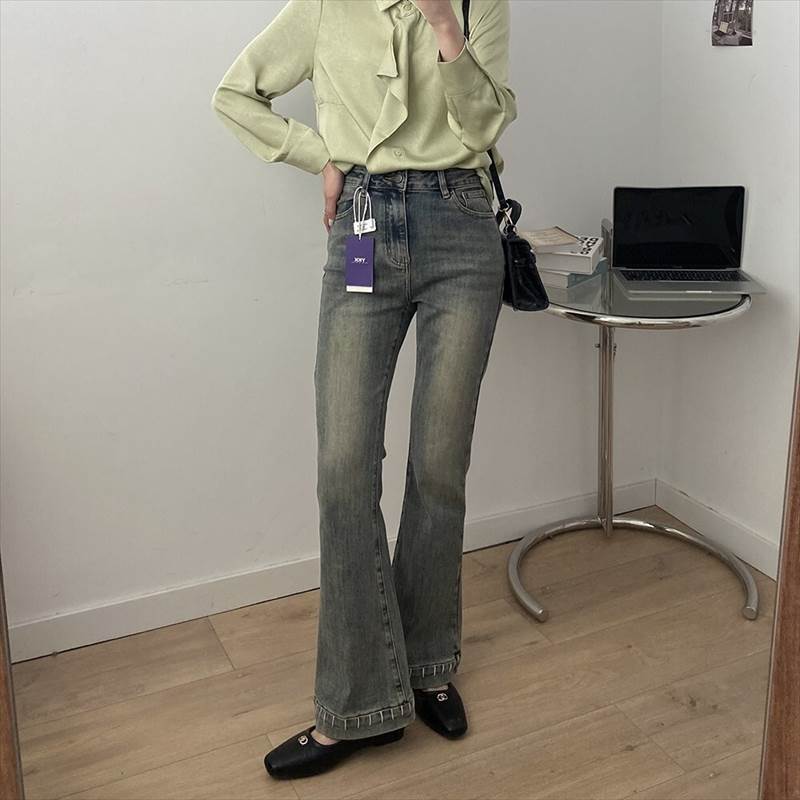 Boot Cut Jeans - パンツ 裾配色刺繍 ウォッシュデニム フレアパンツ レディース ボトムス Gパン デニムパンツ ロング ブーツカット 5ポケット ファスナー ハイウエスト デニム ストレッチ かわいい 大人可愛い きれいめ シンプル カジュアル 送料無料 個性的 パンツ 上品 韓国 オルチャン