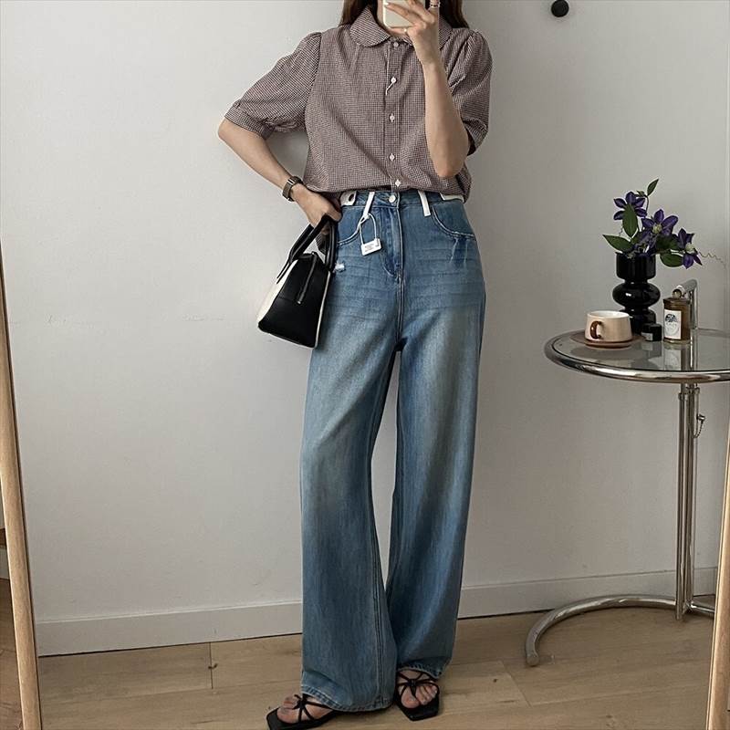 乐天商城 - パンツ ウォッシュジーンズ ヨモギ抗菌 ベルト部白配色 ワイドレッグパンツ レディース ボトムス Gパン ストレートパンツ デニムパンツ フルレングス ロング ワイド ストレート ダメージ加工 ファスナー ハイウエスト 送料無料 個性的 パンツ ブルーデニム 韓国 オルチャン