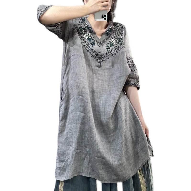 レディース ワンピース ミモレ 半袖 Vネック スリム Aライン 刺繍 ボタン 大人可愛い きれいめ シンプル カジュアル おしゃれ かっこいい レトロ ラフ ガーリー クール 都会的 ナチュラル 春 夏 通勤 デート お泊まり 送料無料 個性的 ワンピース キャンプ 韓国 オルチャン