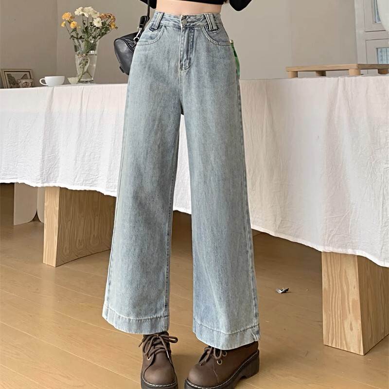 Straight Jeans - レディース パンツ Gパン ストレートパンツ ロング ストレート Iライン ファスナー ポケット ハイウエスト デニム かわいい 大人可愛い きれいめ シンプル カジュアル おしゃれ かっこいい こなれ感 ラフ メンズライク 送料無料 個性的 パンツ とろみ感 韓国 オルチャン