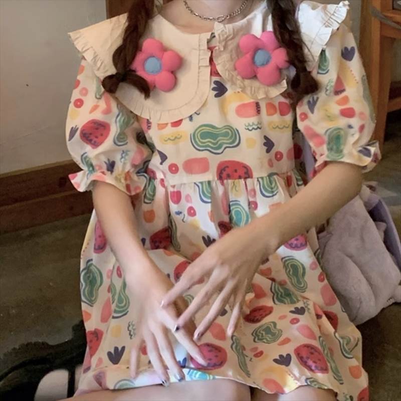ワンピース ショート 膝上 半袖 襟付き フリル かわいい 大人可愛い 大人女子 レディース カジュアル おしゃれ レトロ こなれ感 ラフ ガーリー ルーズ 抜け感 都会的 ベーシック イベント 花柄 フラワー 夏 学生 送料無料 個性的 ワンピース イベント 旅行 韓国 オルチャン