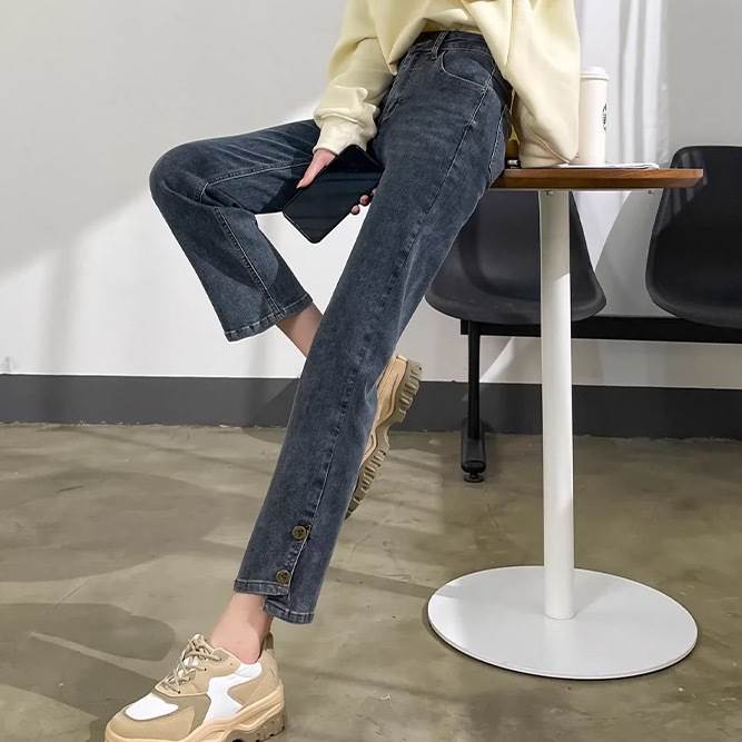 Cropped Pants - レディース パンツ ボトムス デニム Gパン ストレートパンツ デニムパンツ 9分丈 スリム 細身 ストレート Iライン スマート ストリート スリット ハイウエスト ボタン アメカジ ウォッシュ デニム ブルーデニム 送料無料 個性的 パンツ シンプル カジュアル 韓国 オルチャン