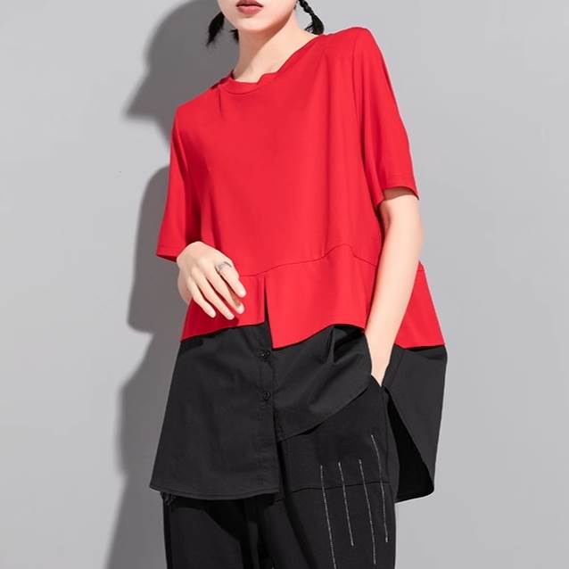 Other - Tシャツ カットソー ブラウス トップス ラウンドネック 半袖 レディース かわいい 大人可愛い きれいめ こなれ感 シンプル カジュアル 主役級 存在感 個性的 韓国 オルチャン デート お出かけ Tシャツ プルオーバー 5分袖 アシンメトリー 切り替え スタイリッシュ