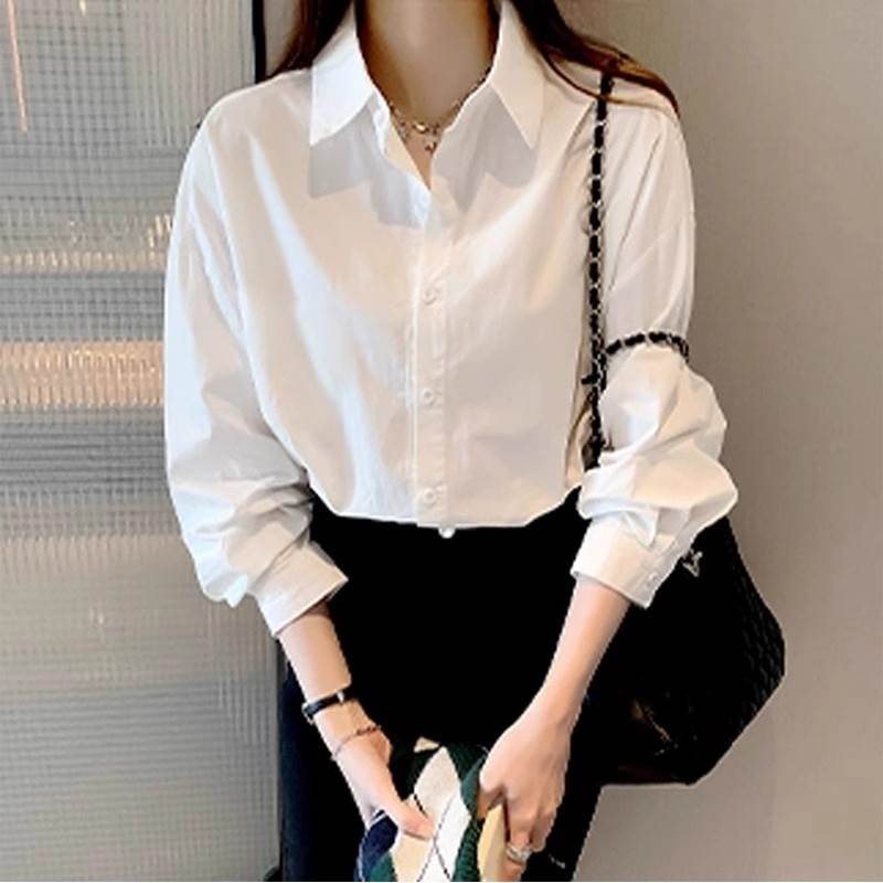 Long-Sleeved - シャツ ブラウス トップス カットソー 襟付き ポロカラー 半袖 レディース かわいい 大人可愛い きれいめ 上品 こなれ感 シンプル カジュアル 主役級 存在感 個性的 韓国 オルチャン デート お出かけ シャツ 前開き ミディアム丈 ボタン カレッジ風 クラシカル ラフ