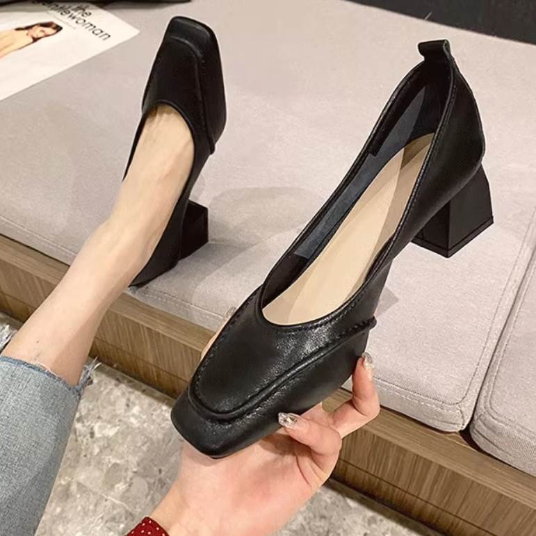 乐天商城 - パンプス 靴 シューズ ハイヒール スクエアトゥ チャンキーヒール レディース かわいい 大人可愛い きれいめ 上品 こなれ感 シンプル カジュアル 主役級 存在感 個性的 韓国 オルチャン デート お出かけ パンプス 5cmヒール 痛くない 歩きやすい 履きやすい 安定性