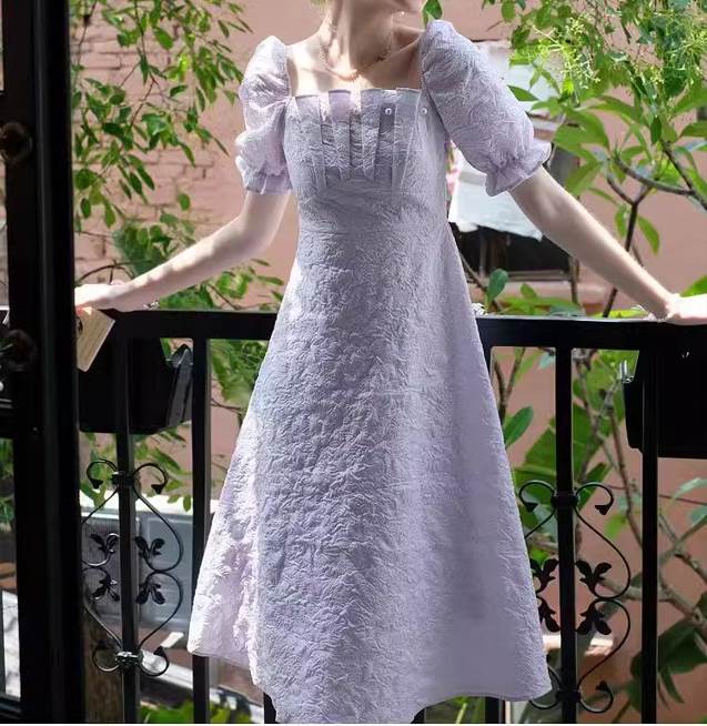 乐天商城 - ワンピース ドレス スカート ミモレ丈 ロング丈 スクエアネック 半袖 レディース かわいい 大人可愛い きれいめ 上品 こなれ感 シンプル カジュアル 主役級 存在感 個性的 韓国 オルチャン デート お出かけ ワンピース ハイウエスト Aライン パフスリーブ 5分袖