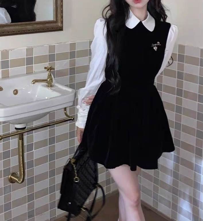 樂天商城 - ワンピース ドレス スカート 長袖 パフスリーブ コーデュロイ レディース かわいい 大人可愛い きれいめ 上品 こなれ感 シンプル カジュアル 主役級 存在感 個性的 韓国 オルチャン デート お出かけ ワンピース ショート丈 ミニ丈 ハイウエスト Aライン 襟付き 脚長