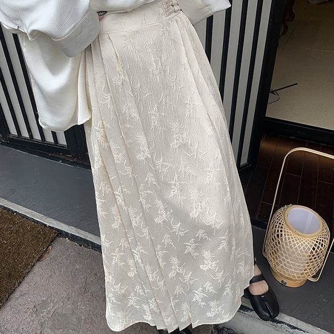 樂天商城 - ロングスカート ボトムス プリーツ ハイウエスト 脚長 モダン モテ レディース かわいい 大人可愛い きれいめ 上品 こなれ感 シンプル カジュアル 主役級 存在感 個性的 韓国 オルチャン デート お出かけ ロングスカート Aライン マキシ丈 刺繍 とろみ感 かっこいい